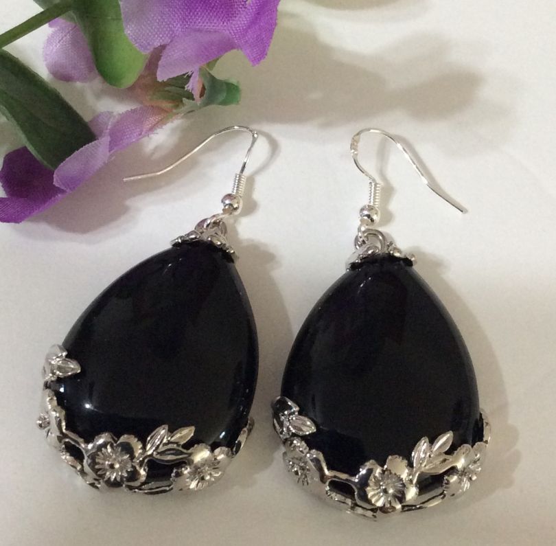 Tibet 925 Silver Teardrop Black Onyx Gemstone Hook Earrings