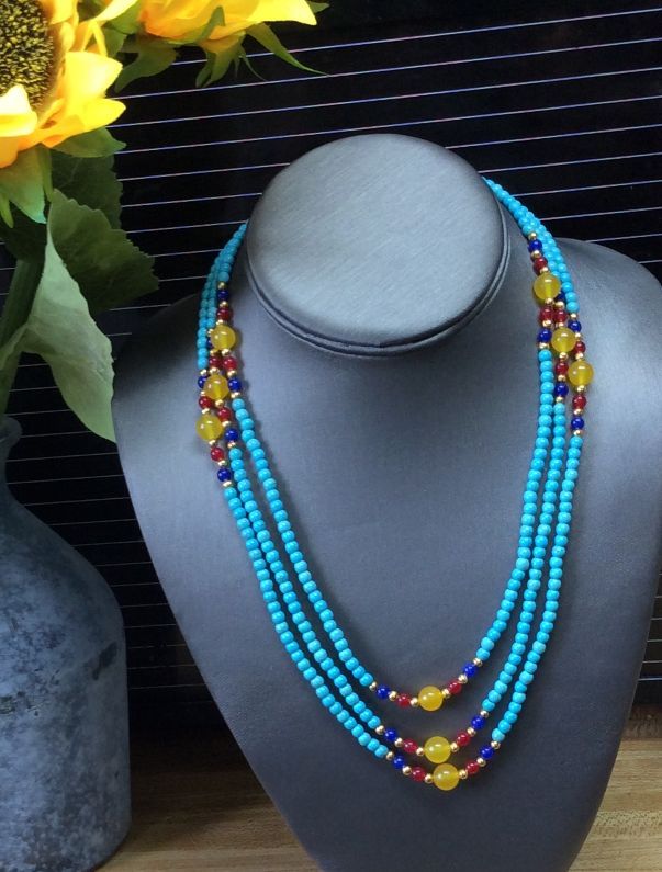 Turquoise 3 Rows Blue Genuine 4mm Necklace