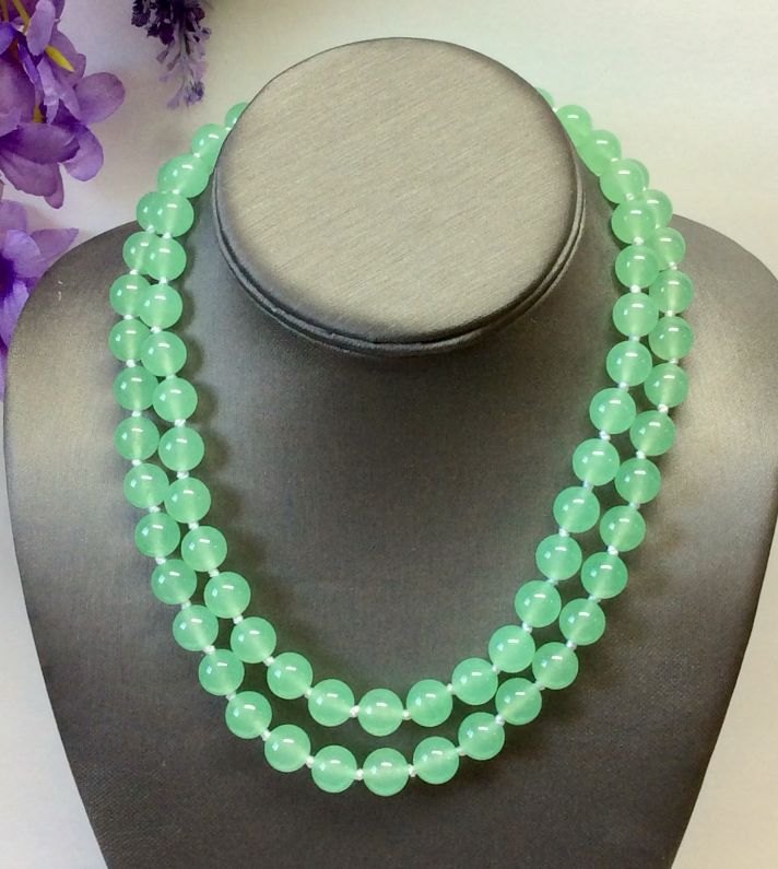 Natural Light Green Jade Gemstone Necklace 36''