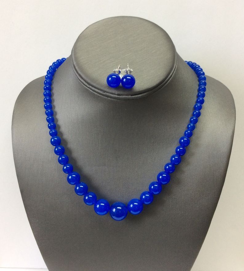 Natural 6-14mm Blue Sapphire Round Gemstone Necklace  Set 18''