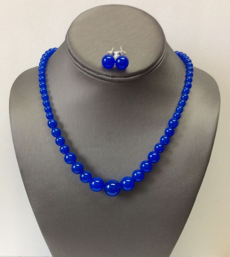 Natural 6-14mm Blue Sapphire Round Gemstone Necklace Set 18''