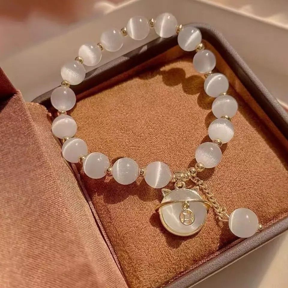 Lucky Moonstone 7mm Beads Cat Bracelet Attracting Wealth