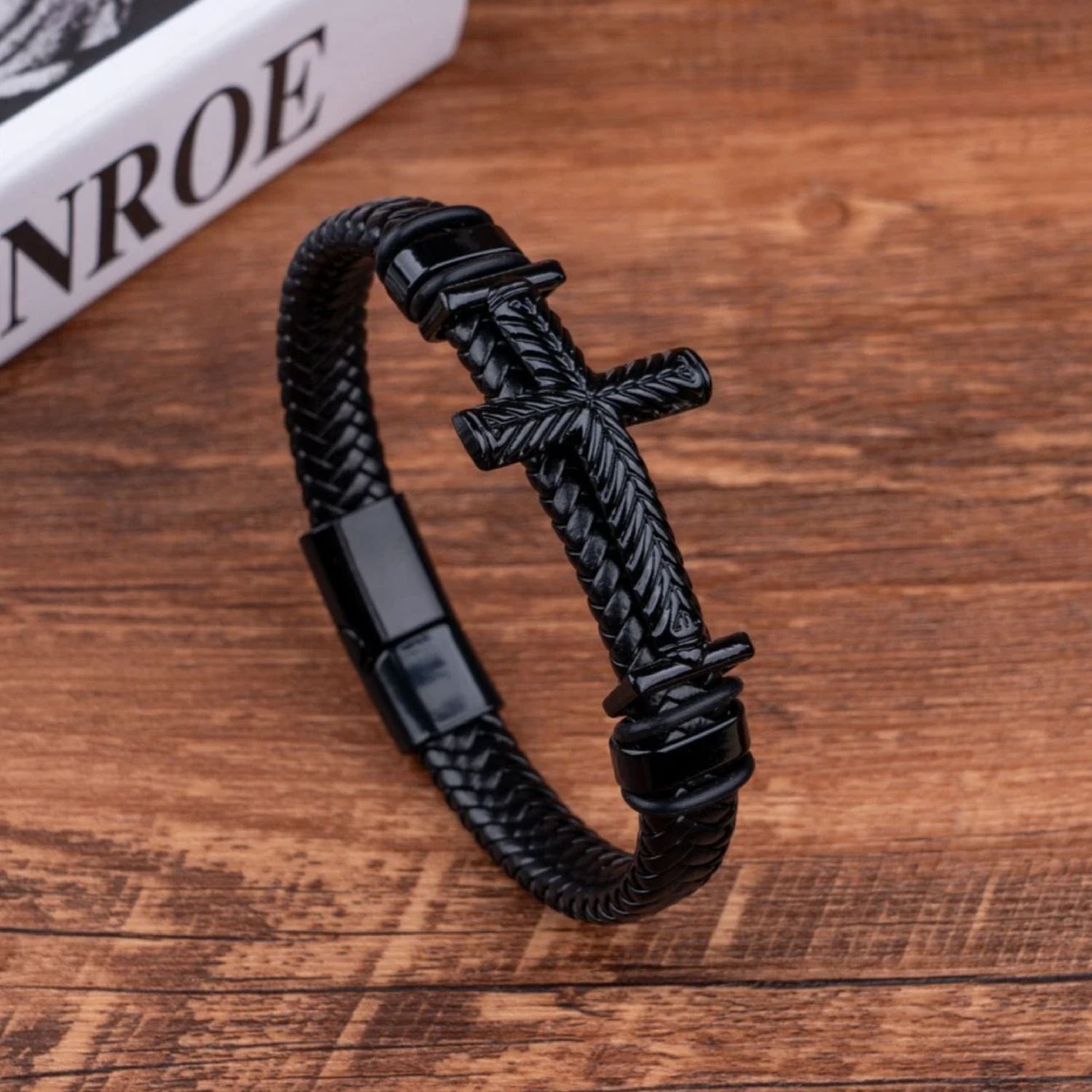 Men’s Leather Braided 8 1/2" Cross Bracelet with Clasp