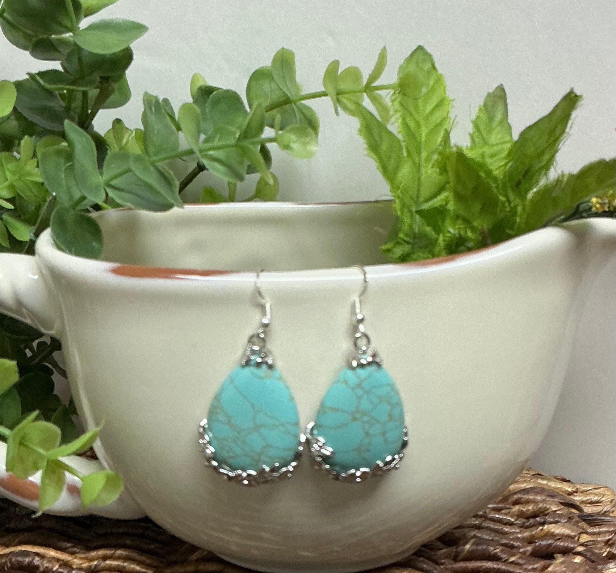 Teardrop Blue Turquoise Gemstone Jade Tibet .925 Silver