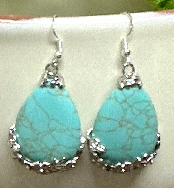 Teardrop Blue Turquoise Gemstone Jade Tibet .925 Silver