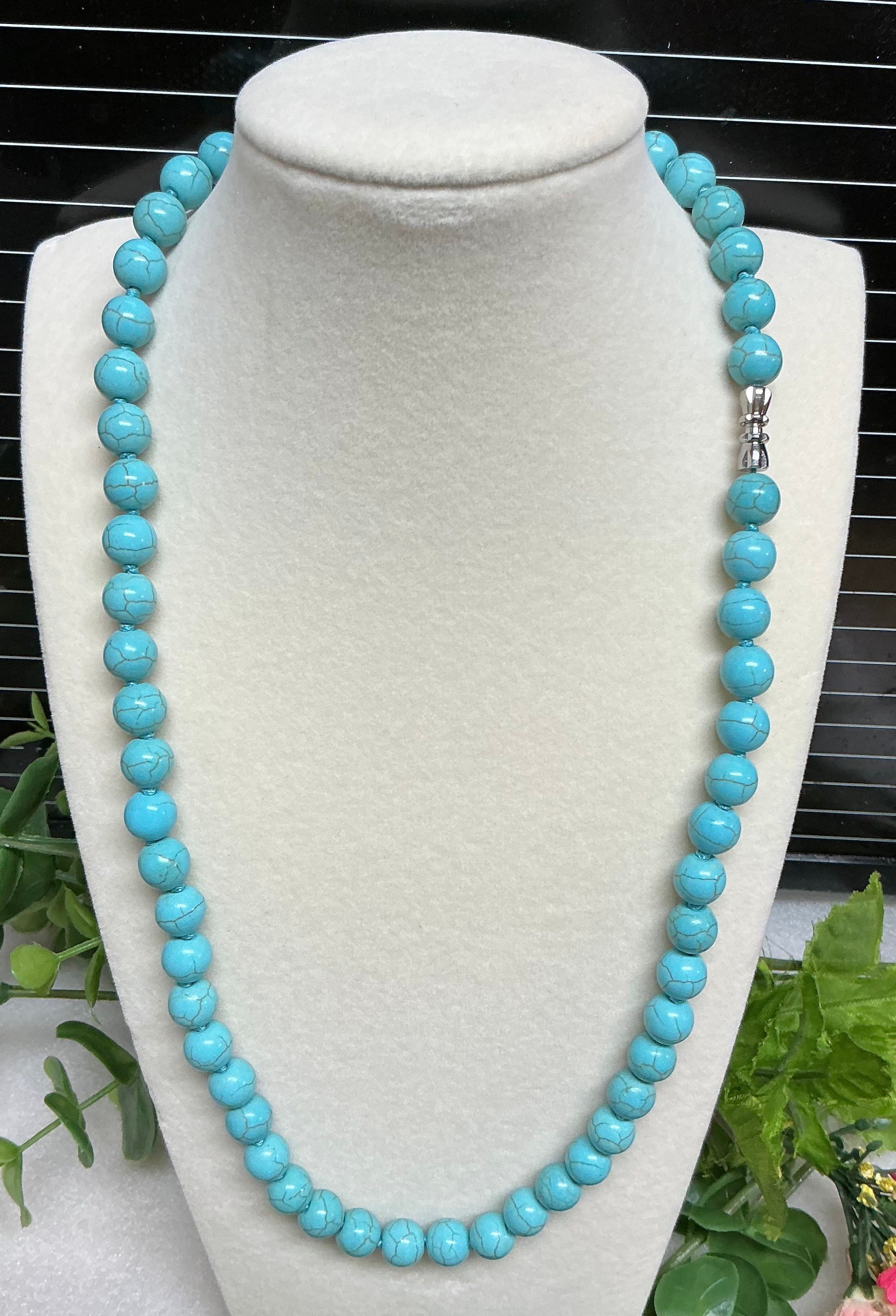 Blue Turquoise Round Gemstone Natural 8mm  Necklace 20'' AAA+