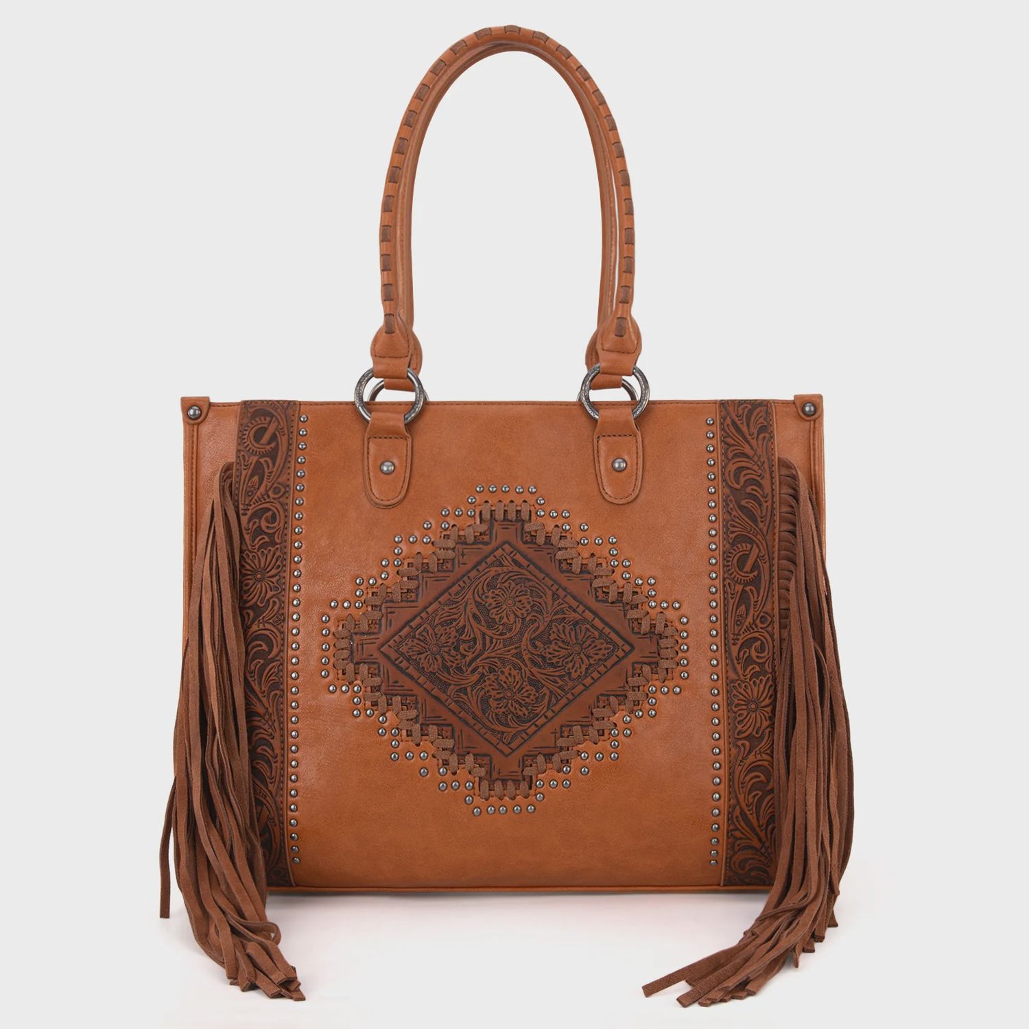 Montana West Tooled Fringe Collection Concealed Carry Tote Brown
