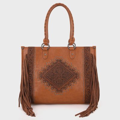Montana West Tooled Fringe Collection Concealed Carry Tote Brown