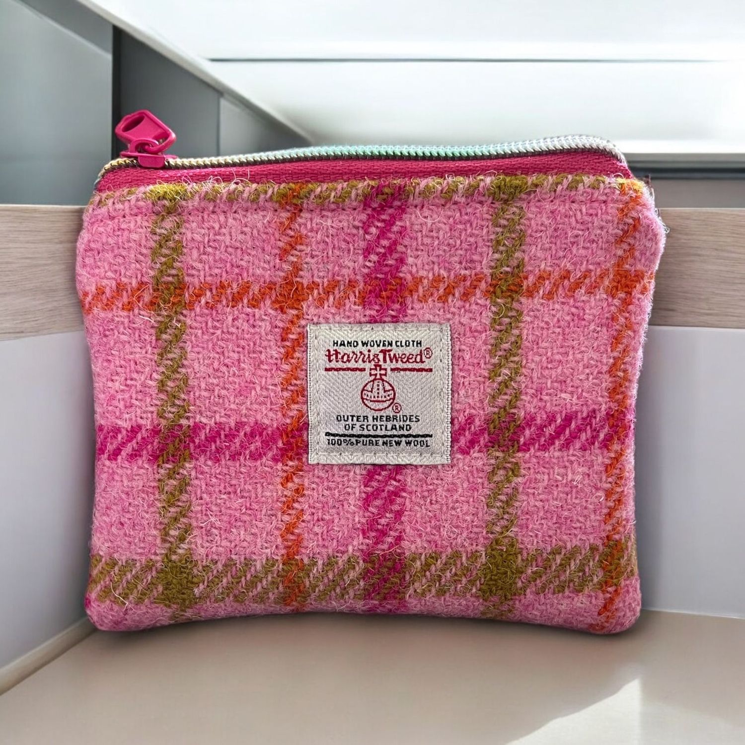 Harris Tweed Coin Purse - Pink with lime check