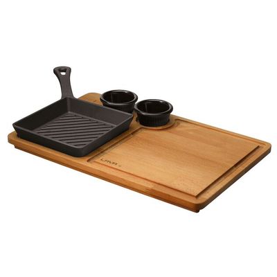 Paderno - Padella grill con tagliere a servire legno 16 x 16 cm Ghisa Smaltata