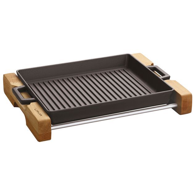 Paderno - Padella grill con tagliere a servire legno 26 x 32 cm Ghisa Smaltata