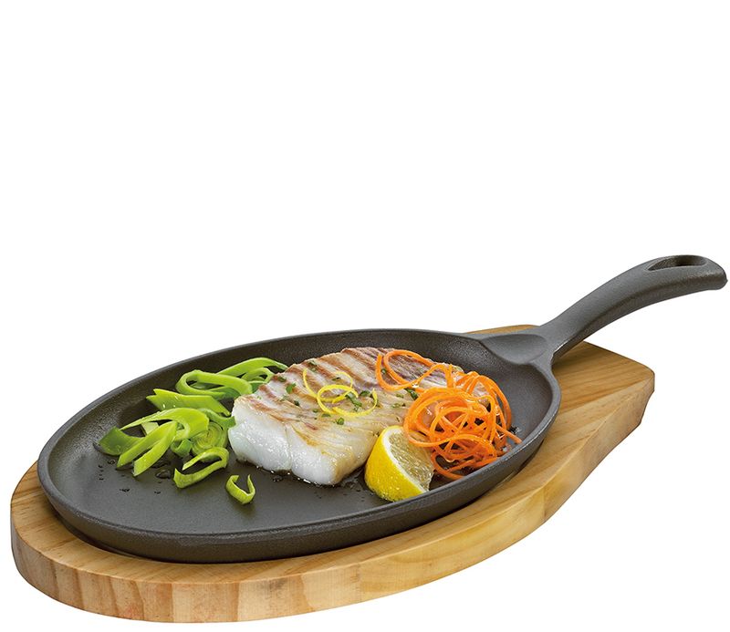 Küchenprofi - Padella per servire ovale con tavola di legno 39,5 x 19,5 cm