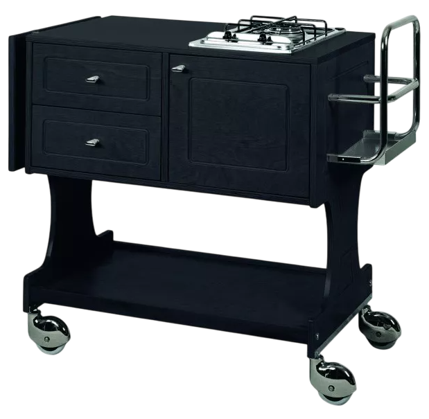 Forcar - Carrello flambè con piastra fuoco e portabottiglie 145 x 58 cm Nero