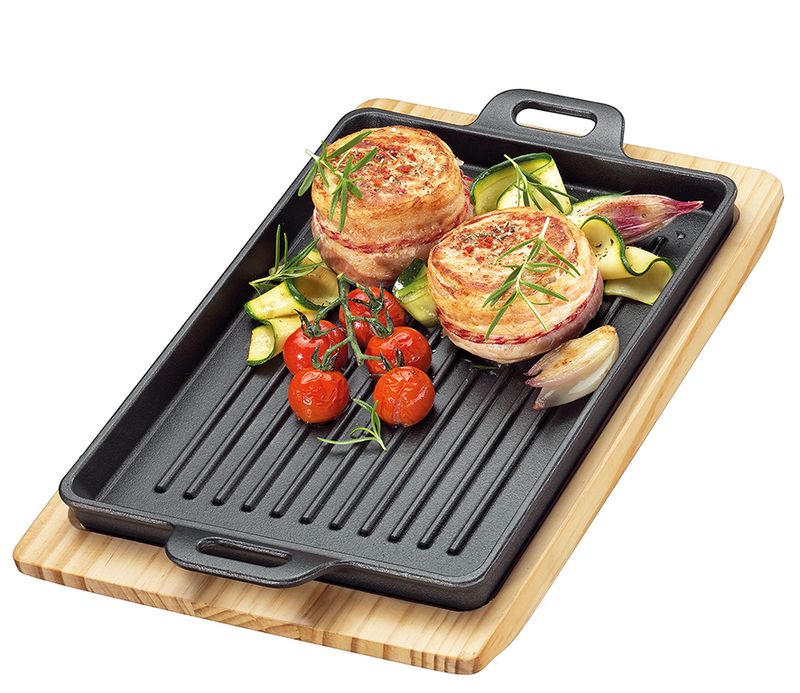 Küchenprofi - Piastra per grigliare/servire angolare con tavola di legno 32 x 22 cm