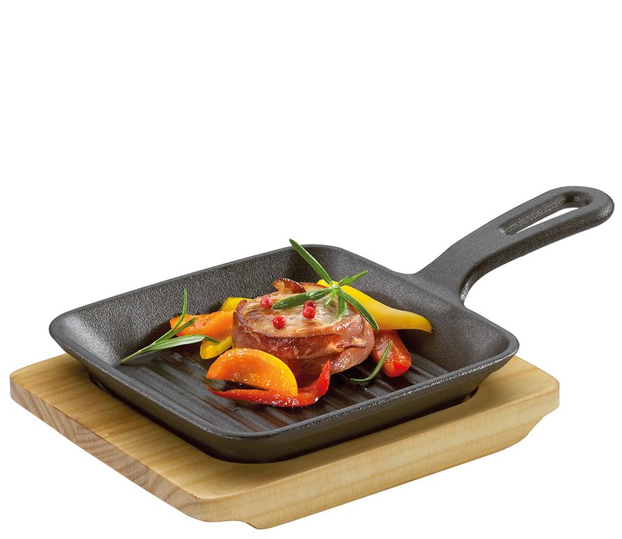 Küchenprofi - Padella per grigliare e servire con tavola di legno 23 x 13,5 cm