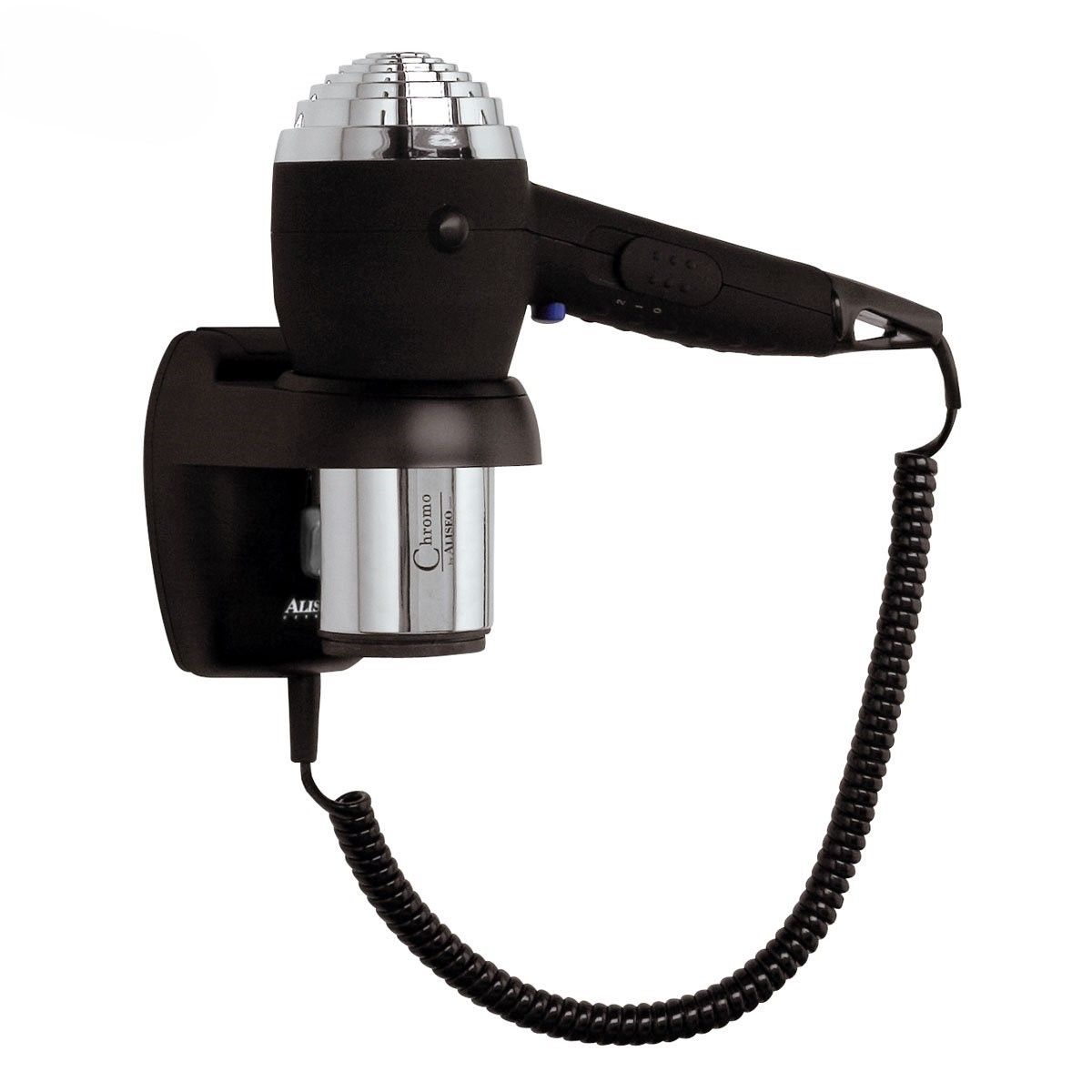 Aliseo - Asciugacapelli Chromo cromo/nero con supporto a parete e cavo e spina aggiuntiva 1200W