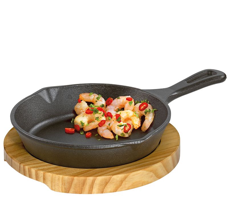 Küchenprofi - Padella per servire rotonda con tavola di legno 26,5 x 18 cm