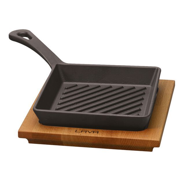 Paderno - Padella grill con tagliere legno 16 x 16 cm Ghisa Smaltata