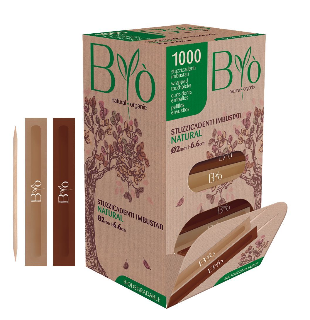 Byo - Stuzzicadenti imbustati naturali in betulla 6,6 cm