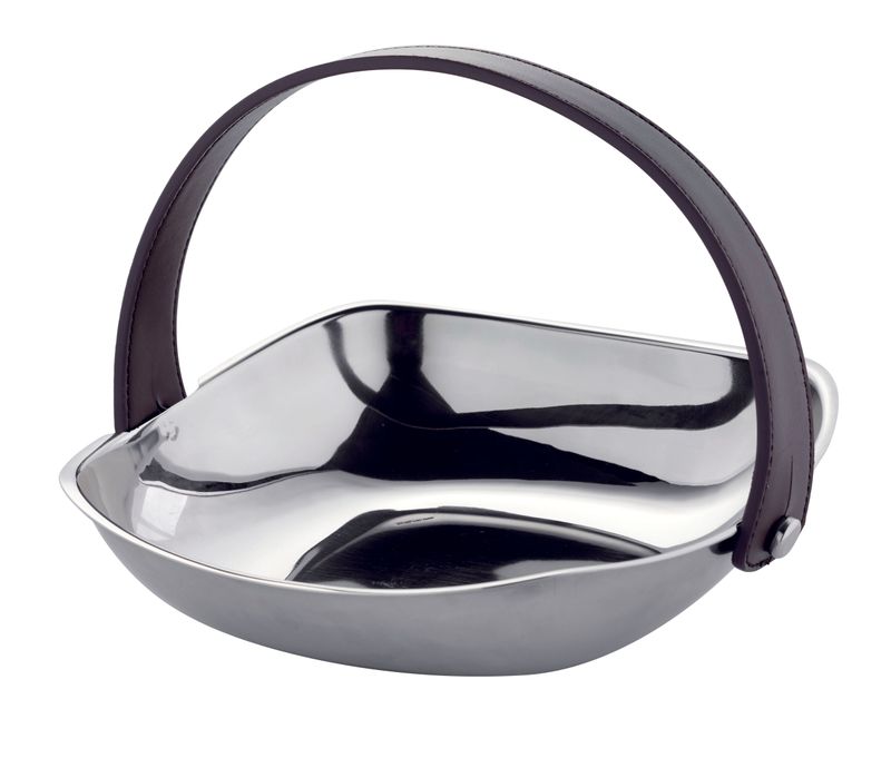 Cestino Pane Frutta Cacao con Manico in Pelle, Inox 18/10 + E.P., 18 x 18 cm - Abert