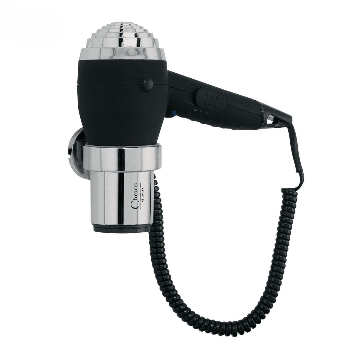 Asciugacapelli Chromo cromo/nero con anello a parete 1200W - Aliseo