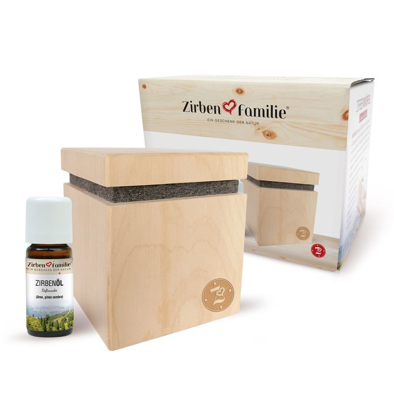 Cubo diffusore Premium in legno di cirmolo e olio essenziale di pino cembro - Zirbenfamilie