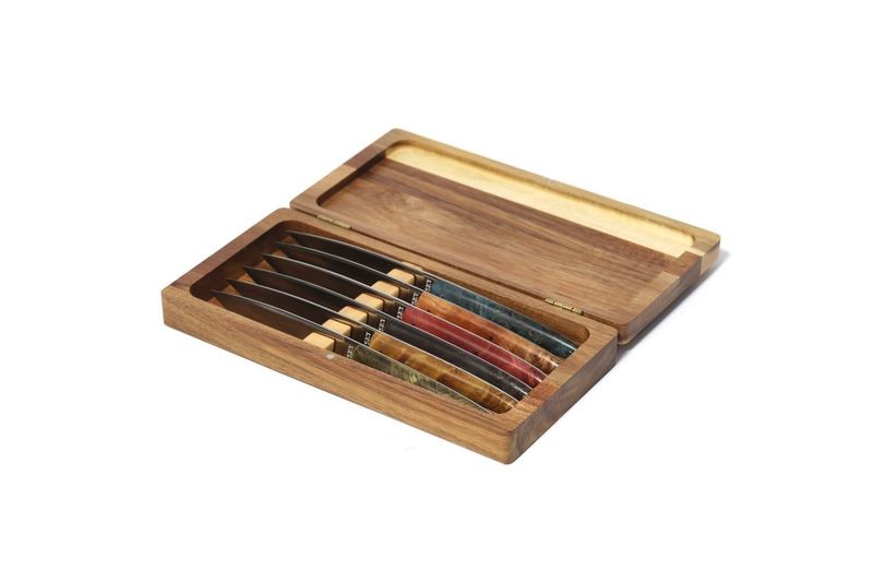 Scatola Di Legno 6 Coltelli Bistecca Colorate Mix - Comas