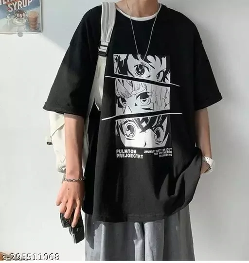 Lripsome Black Anime Oversized T-shirt for Men &amp; Boys - Anime printed half sleeves cotton oversized tees for men&amp;boys