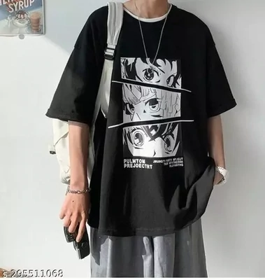 Lripsome Black Anime Oversized T-shirt for Men &amp; Boys - Anime printed half sleeves cotton oversized tees for men&amp;boys