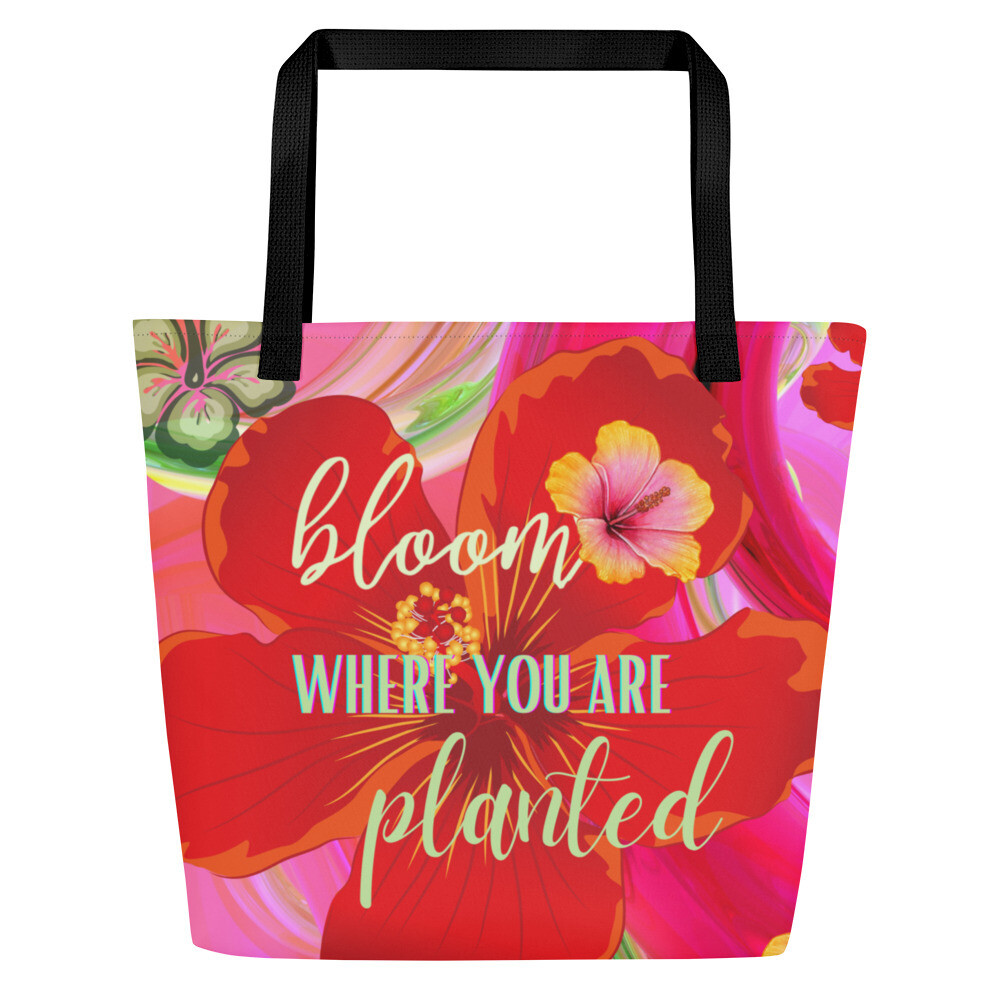 Bloom Where You Are Planted Hibiscus Floral Print Large Tote Bag