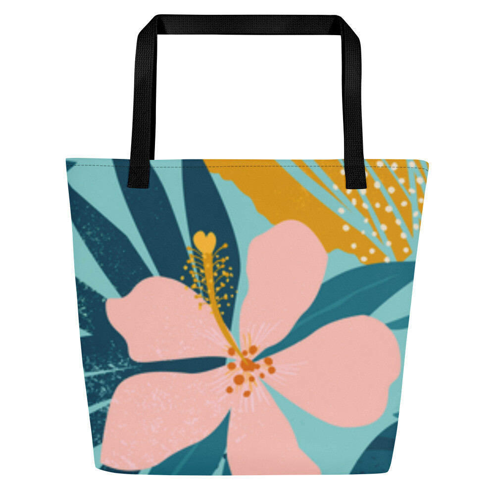Pink Hibiscus Aloha Print Large Tote Bag