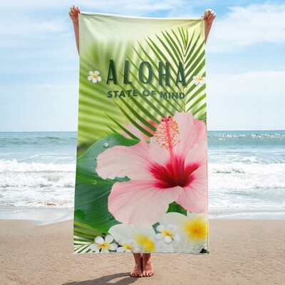 Aloha State of Mind Beach Towel with Pink Hibiscus