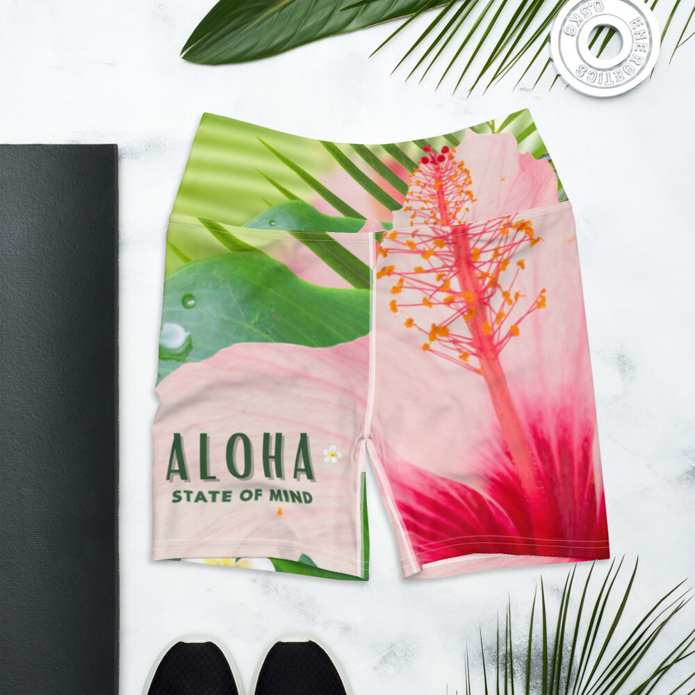 Aloha State of Mind Pink Hibiscus Yoga, Running, Exercise, Hawaii Surf Shorts