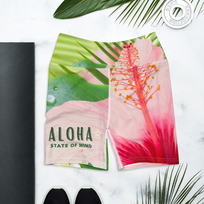 Aloha State of Mind Pink Hibiscus Yoga, Running, Exercise, Hawaii Surf Shorts