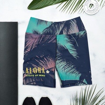 Aloha State of Mind Yoga Exercise, Swim, Hawaii Surf Shorts with Palm Trees