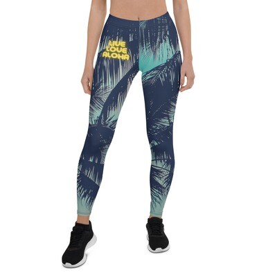 Live, Love, Aloha Print Leggings with Palm Trees