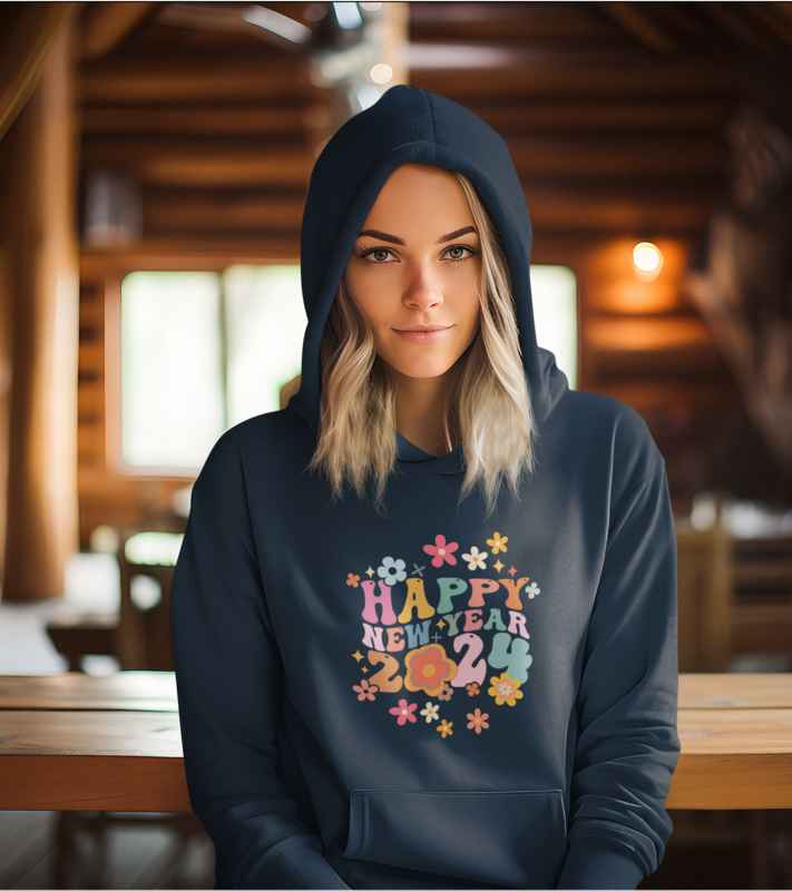 Happy New Year 2024 Unisex Retro Flower Power Peace Hoodie