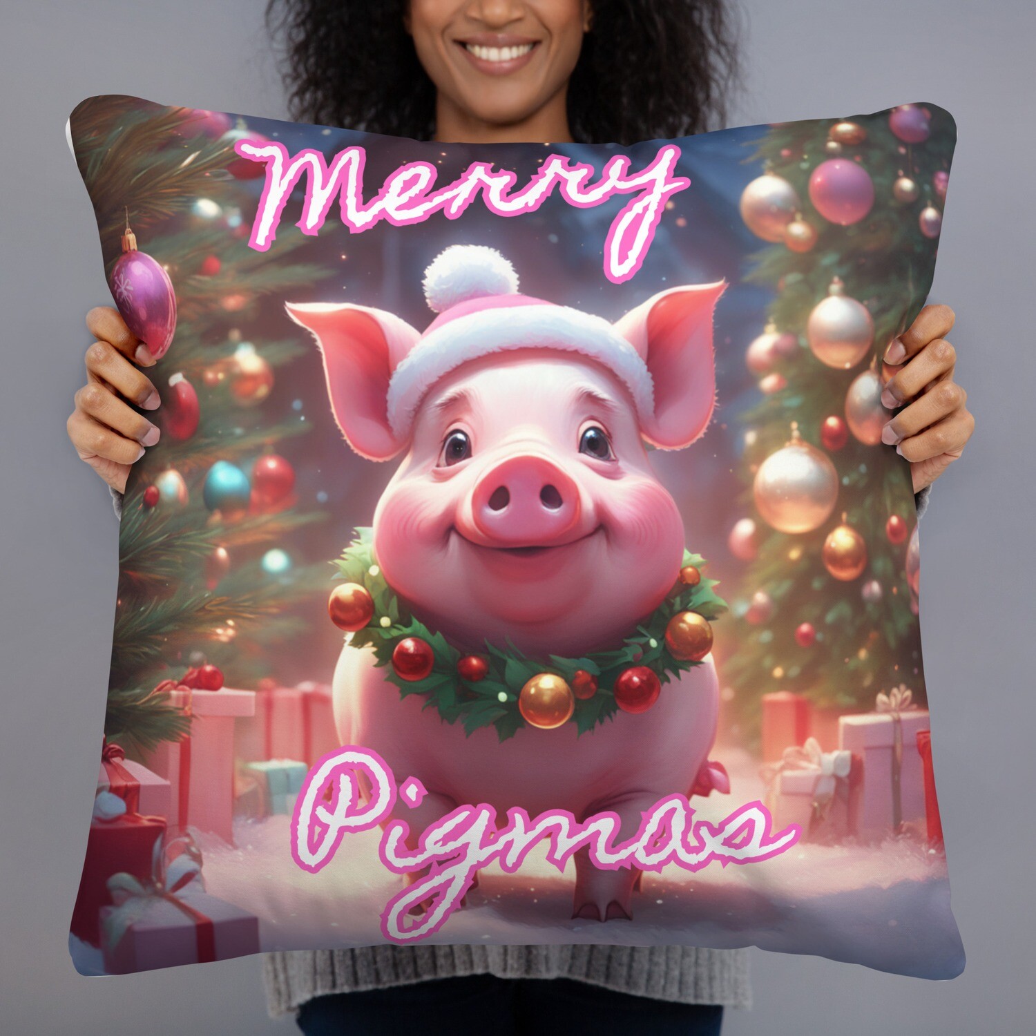 Merry Pigmas Cute Pink Farm Pig Christmas Pillow