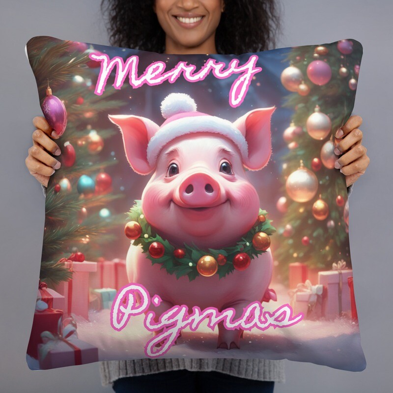 Merry Pigmas Cute Pink Farm Pig Christmas Pillow