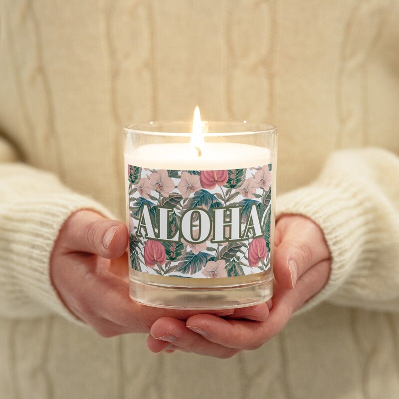 ALOHA Glass Jar Vegan Soy Wax Candle, Hawaii Flowers Pink Orchids Pink Anthuriums, Candle for Home Office, Housewarming Wedding Gift Idea.