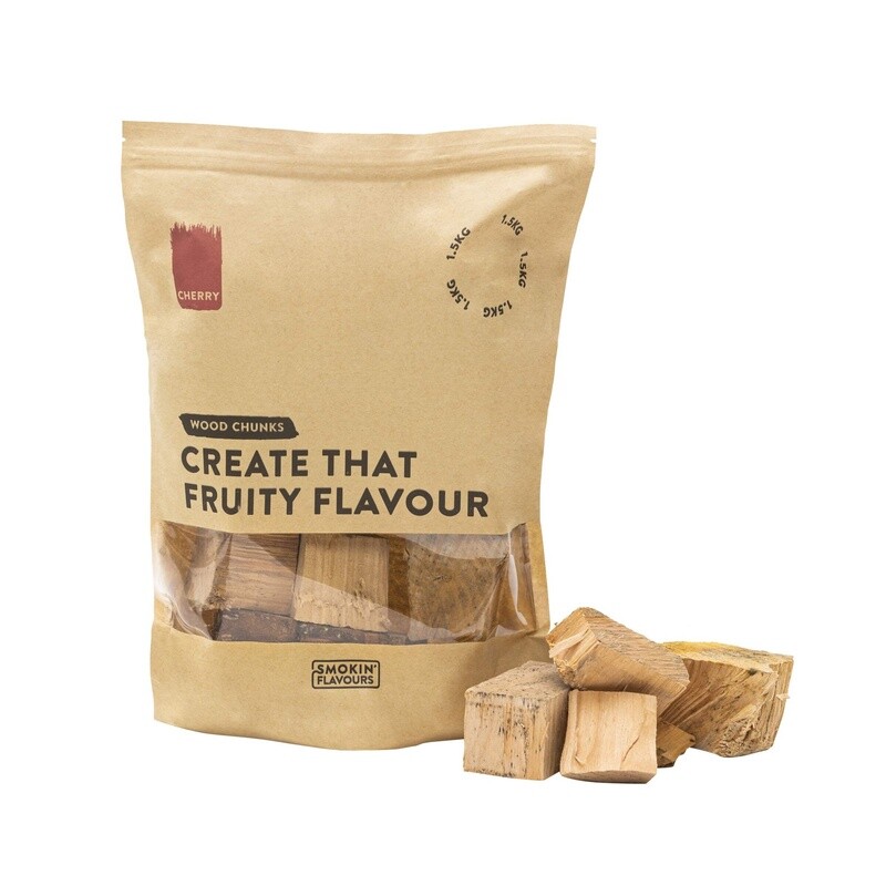 Smokin’ Flavours kersen rookchunks voor een zoete, milde rooksmaak bij vlees en gevogelte.