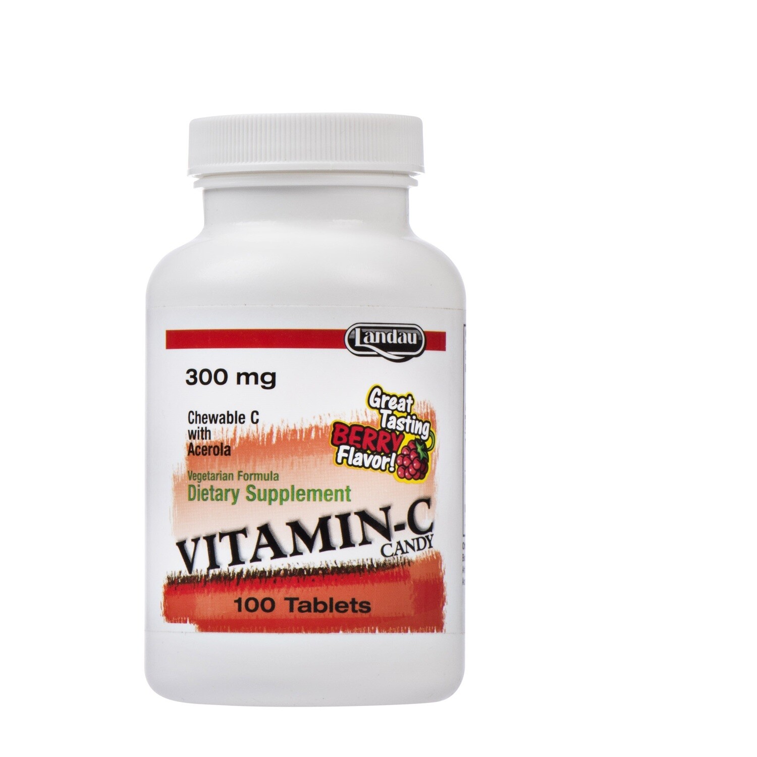 Landau, Kosher Chewable VITAMIN-C 300mg CANDY, Berry Flavor - 100 Tablets