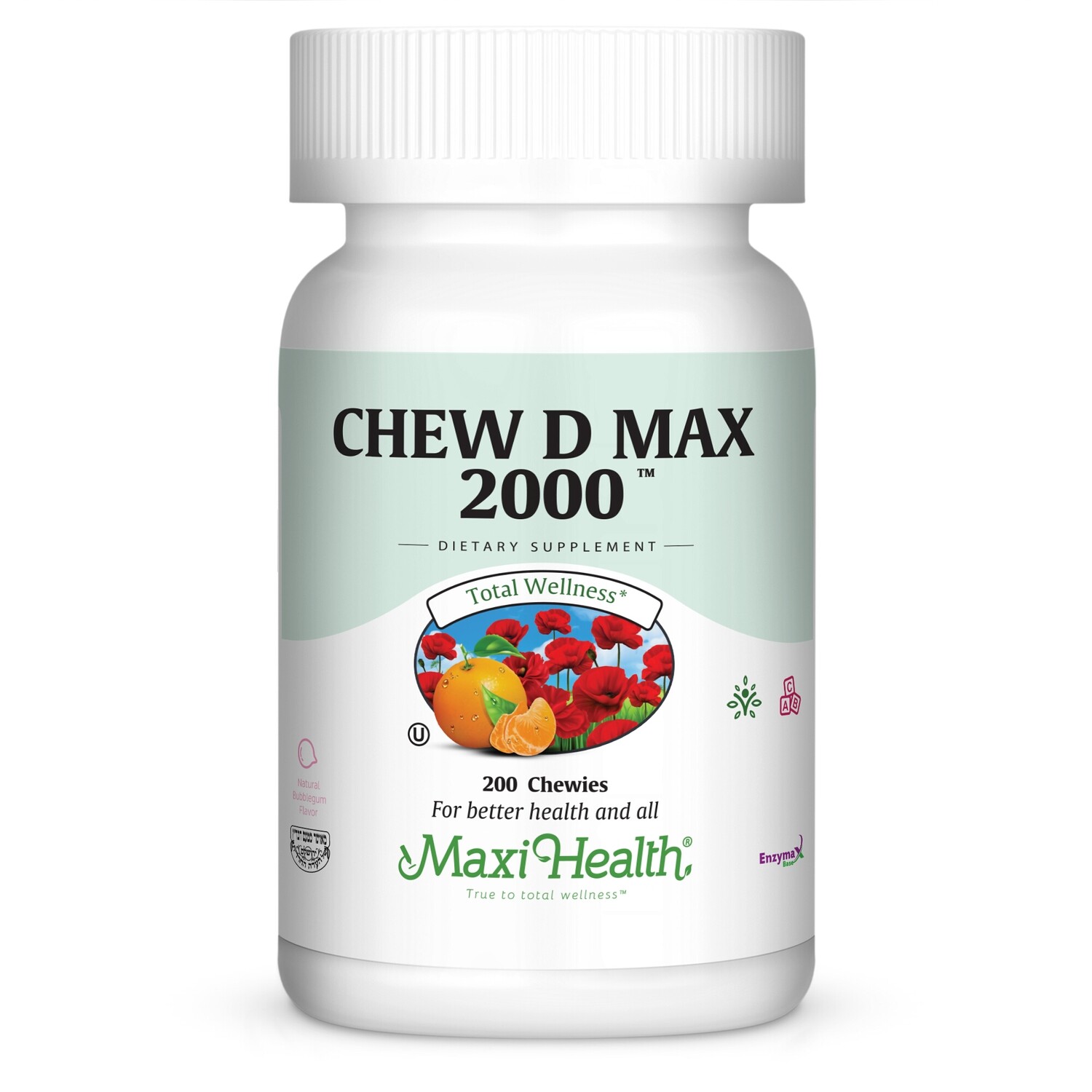 Maxi Health, Kosher Chew D Max 2000 (Vitamin D3 2000 IU Chewable) Bubblegum Flavor - 200 Chewies
