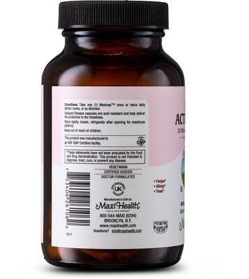 Maxi Health, Kosher Maxi Active Pro-20 (20 Billion Live Active Probiotics) - 60 Vegetarian Capsules