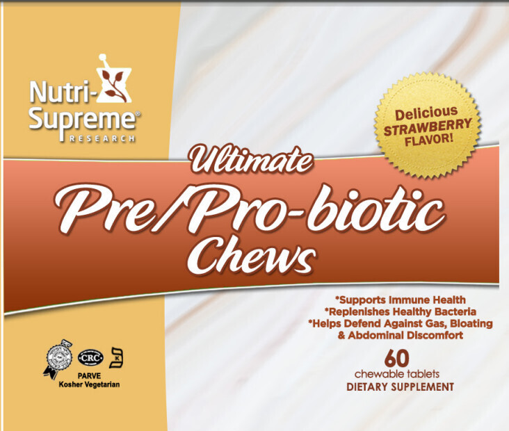 Nutri Supreme, Kosher Ultimate Pre/Pro-biotic Chews, (Prebiotic &amp; Probiotic) Strawberry Flavor - 60 Chewable Tablets