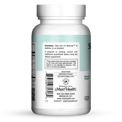 Maxi Health, Kosher SLEEP-O-MAX MELATONIN + PASSION FLOWER + VALERIAN ROOT + L-TRYPTOHAN - 60 Vegetarian Capsules