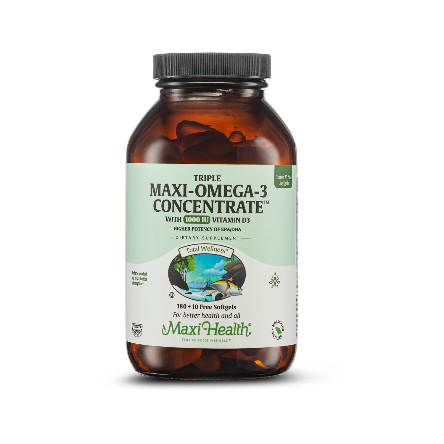 Maxi Health, Kosher Triple Maxi Omega 3 Concentrate w/ D3 1000 IU, Fish Oil - 180 Softgels