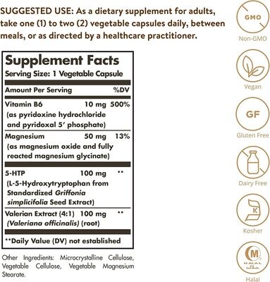Solgar, Kosher 5-HTP 100mg (5HTP with Vitamin B6, Magnesium, Valerian), Positive Mood Support - 90 Vegetarian Capsules
