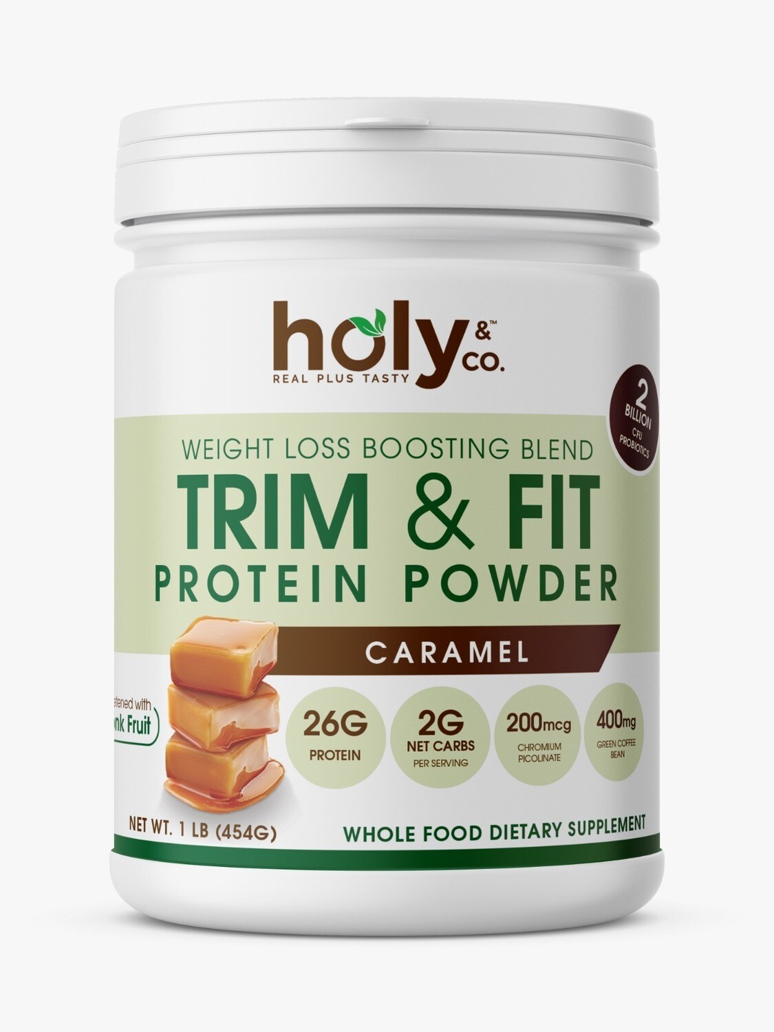 Holy &amp; Co. Kosher Diet Support, Trim &amp; Fit Protein Powder, Caramel Flavor - 1 LB (454g)