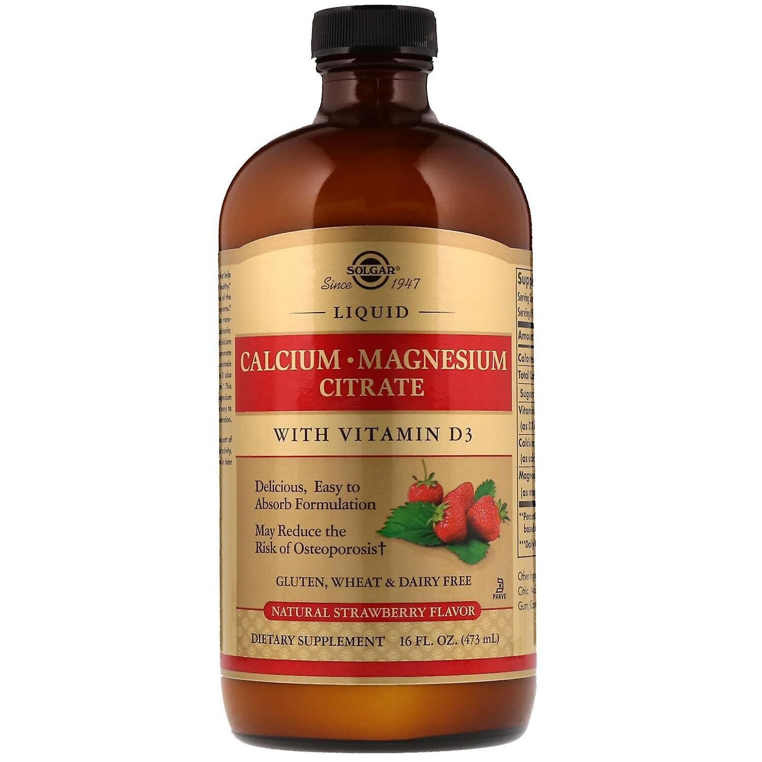 Solgar, Kosher Calcium Magnesium Citrate with Vitamin D3 Liquid, Strawberry Flavor - 16 fl. oz. (473 mL)